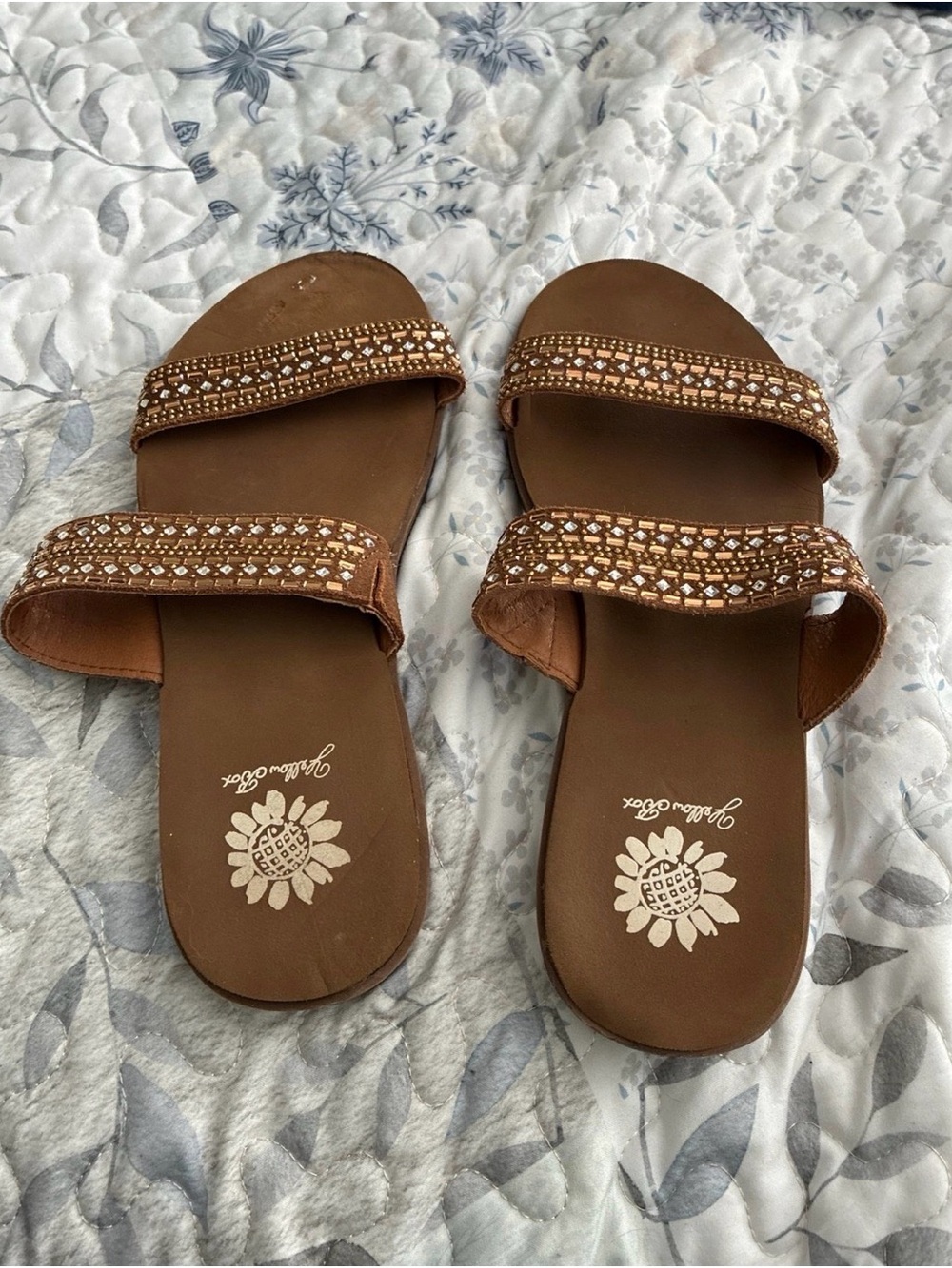 Yellow box Brown Jeweled Double-Strap Slide Sandals - Women's size 7 - Picture 1 of 5